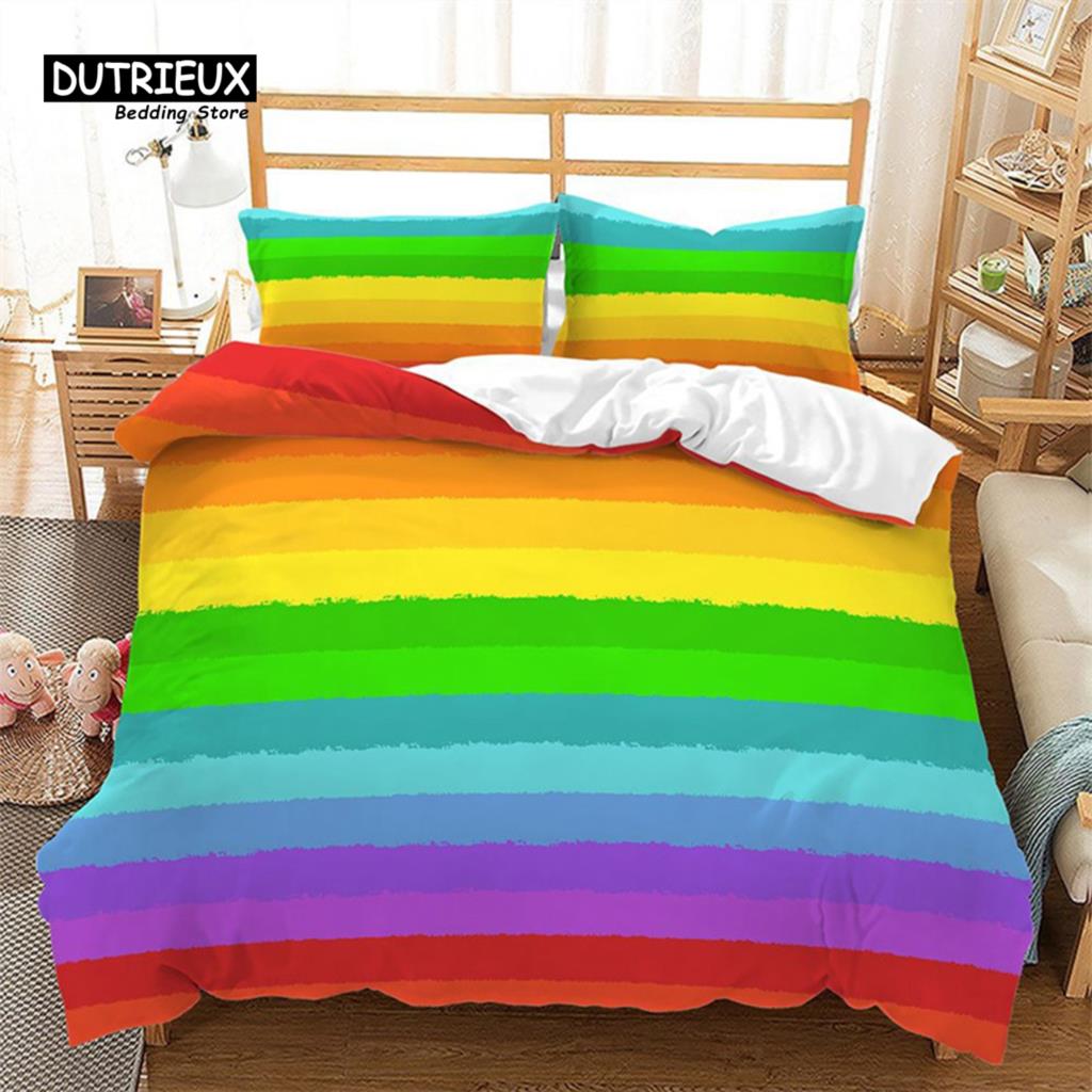 Rainbow Heart Duvet Cover King Size Multicolor Pride Bedding Set Microfiber For Boys Girls Room Decor Special Day Culture