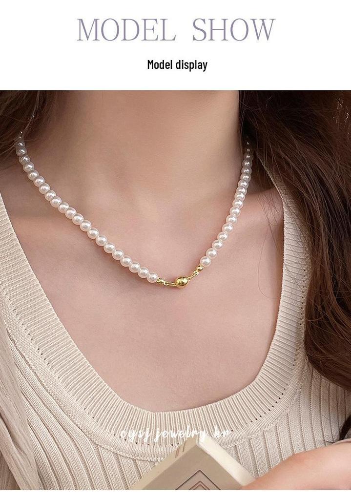 Cui Yan S925 Sterling Silver Korean Style Pearl Magnetic Clasp Necklace for Women - Elegant Versatile Clavicle Chain
