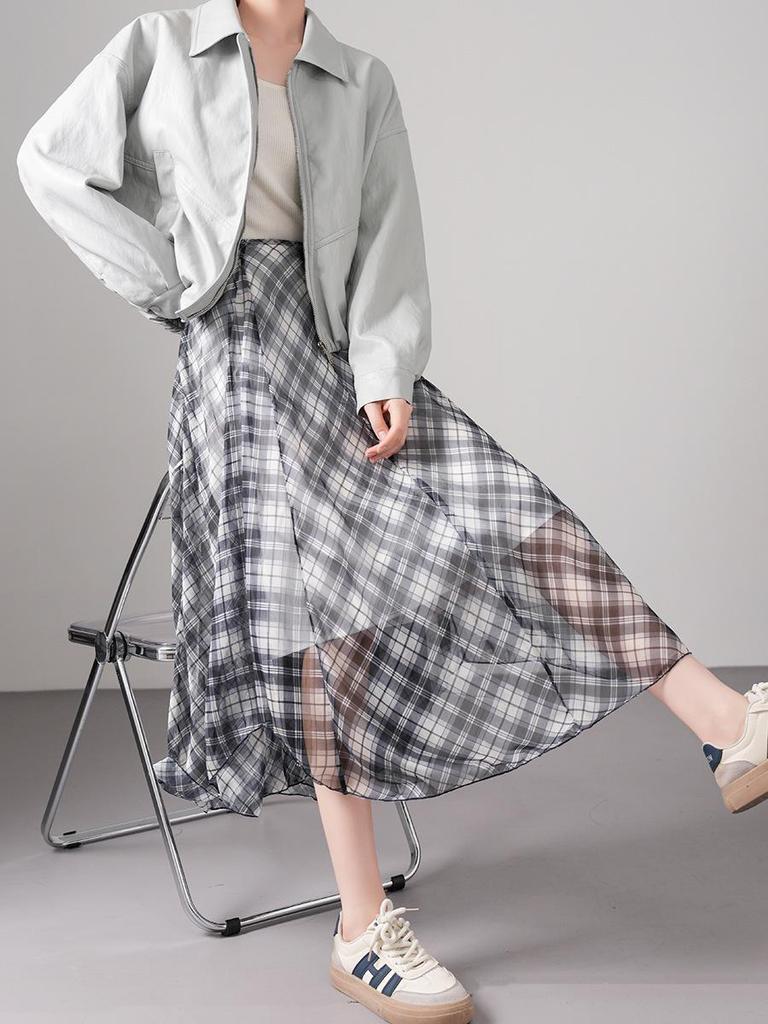Plaid Asymmetrical Draped Chiffon Midi Skirt with Irregular Hem