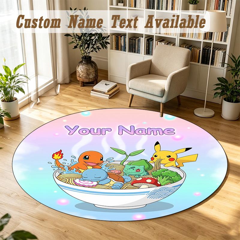 Round Rug Custom NamePokémon Pattern Non Slip Carpet Home Floor Decor