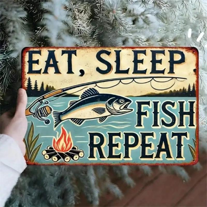 Vintage Fishing Metal Wall Art Man Cave Decor Lake Cabin Bar Camping Gift
