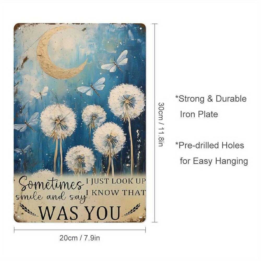 Vintage Tin Wall Art | Dragonfly & Dandelion Design with Crescent Moon and Butterflies |  Just Look Up, Smile Metal Wall Decor 20x30cm（7.8x11.8inch）