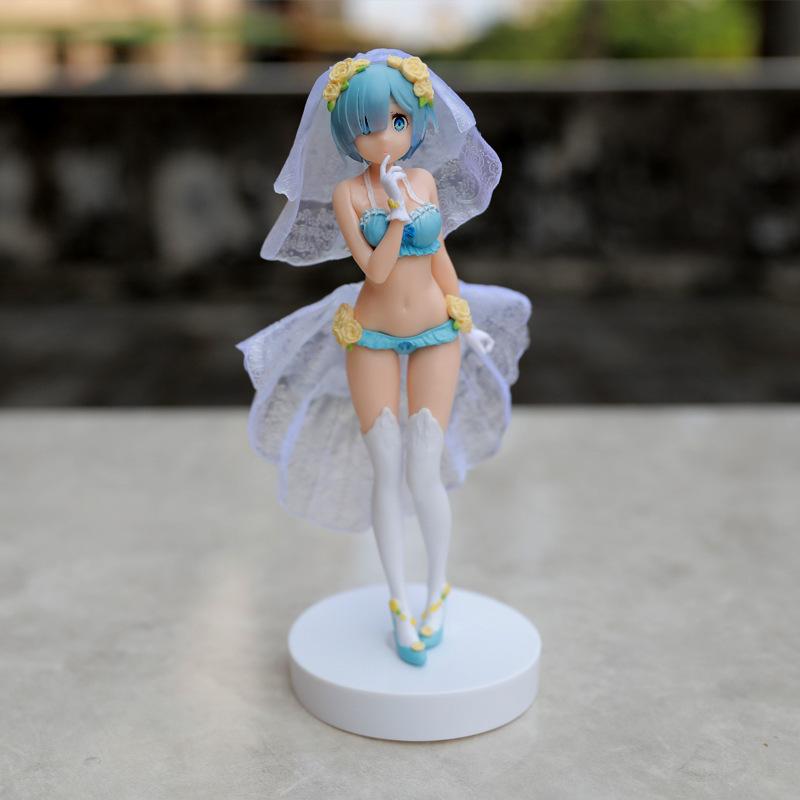 BANDAI 25CM Rem Anime Figure Re:Zero kara Hajimeru Isekai Seikatsu Kawaii Ram Crystal Wedding Dress Model PVC Doll Toys
