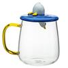 400ml Heat-resistant Glass Mug with Blue Wave-patterned Lid (with Diving Duck Decorative Handle) and Blue Lid Holder
