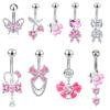 Pink Zircon Belly Button Rings Stainless Steel Heart Butterfly Navel Piercing Barbell For Women Beach Belly Ring Body Jewelry