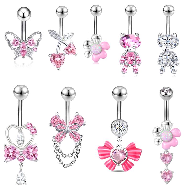 Pink Zircon Belly Button Rings Stainless Steel Heart Butterfly Navel Piercing Barbell For Women Beach Belly Ring Body Jewelry