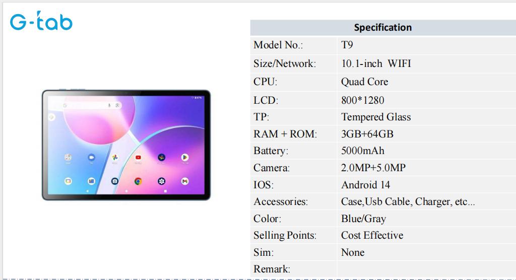 G-TAB T9 Tablet 10.1" IPS 6GB RAM 64GB RK3562