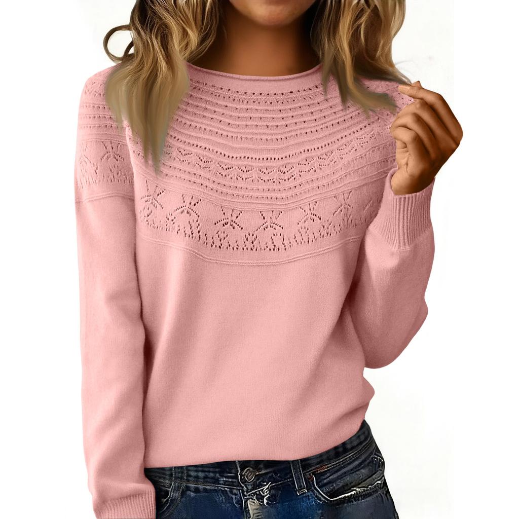 Women's Fashion Rolled-Collar Round Neck Lace-Up Pullover Knit Sweater Long Sleeve Solid Color Sweater