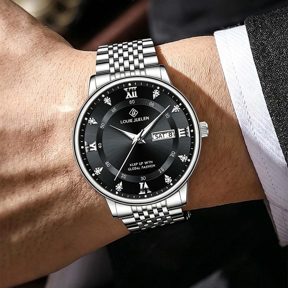 LOUIE JUELEN New Men's Quartz Watch Diamond-Set Dial Dual Date Windows Business Watch Luminous Scratch-Resistant Men's Watch