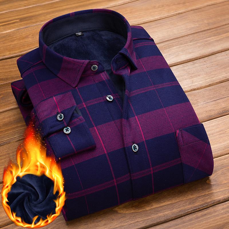 Winter Men Shirt Plaid Flannel Thick Warm Long Sleeve Fleece Autumn Dress Flannel Formal Shirt Fashion Casual Slim Fit Pocket