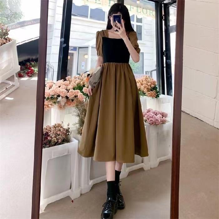 Summer New French Retro Temperament Square Neck Skirt Loose and Thin Fake Two Medium and Long Dresses for Women