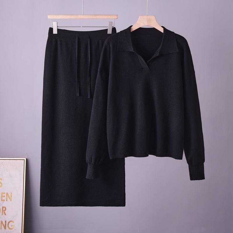 Foreign trade new 2026 sweater large size two-piece set knitted POLO collar autumn and winter loose women's clothing lazy fashion set