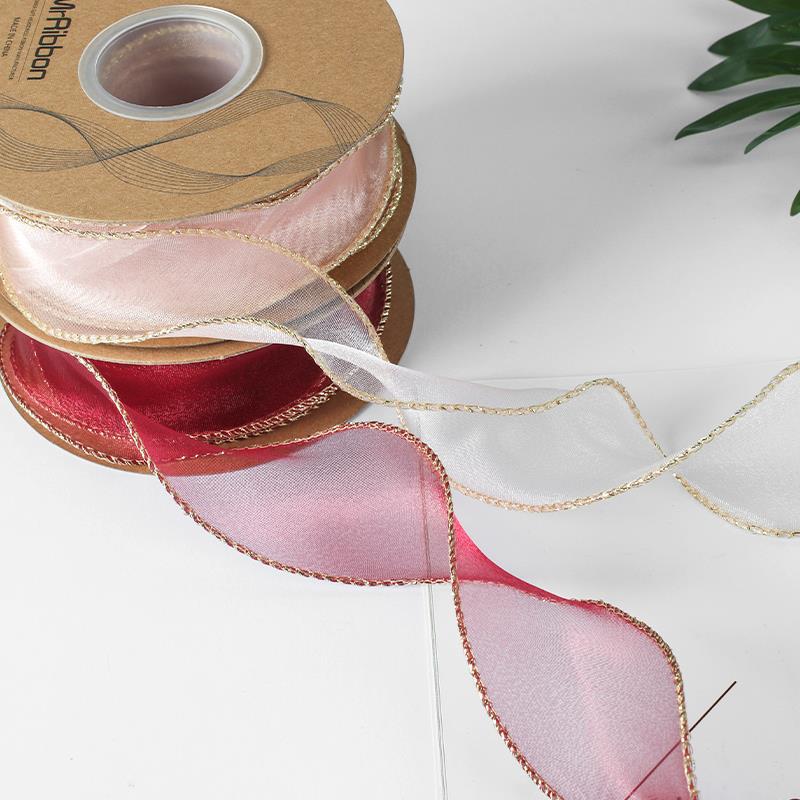 10yards Organza Ribbon Golden Wave Wired Ribbon Gift Bouquet Packaging,Handicrafts,Christmas Birthday Wedding Party Decoration