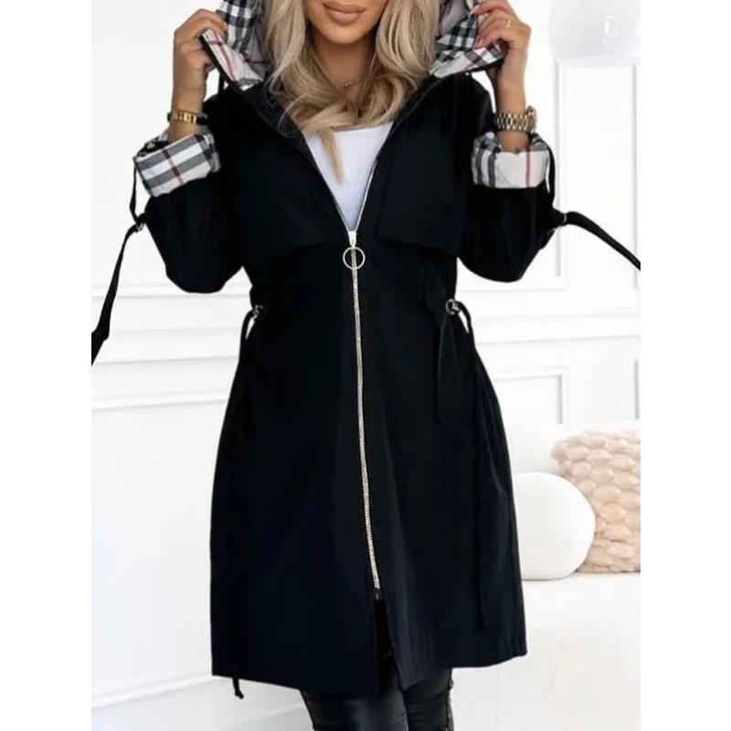 Fashion Trench Coat Women Autumn Winter Solid Color Casual Street Style Cardigan Long-sleeved Hooded Plaid
