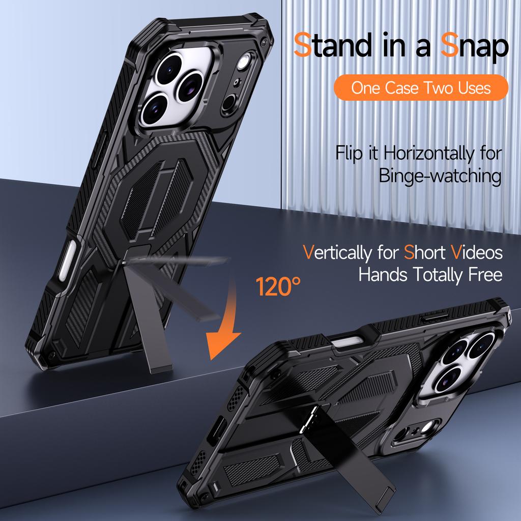 Heavy Duty Armor Shockproof Case For iPhone 12 13 14 15 16 Plus 16e Air 17 Pro Max TPU Plastic Metal Stand Magnetic Phone Cover