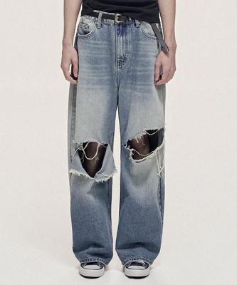 TAKEASY Distressed Wide Denim Pants (Medium Blue)