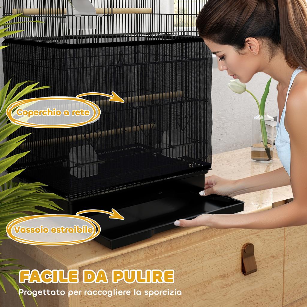 Bird Cage with Handle, Removable Tray, Wooden Perches, Swing and Bowls, 46.5x35.5x92cm, Black