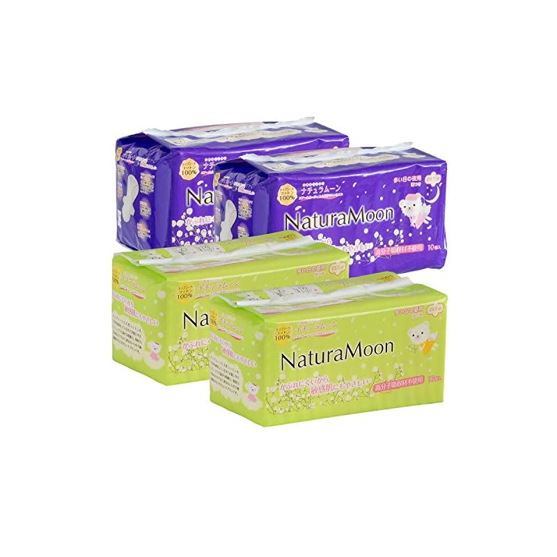 NaturaMoon Sanitary Napkins with Wings X 4-Pack Set (2 Packs of Daytime Pads for Heavy Flow, 2 Packs of Nighttime Pads for Heavy Flow)