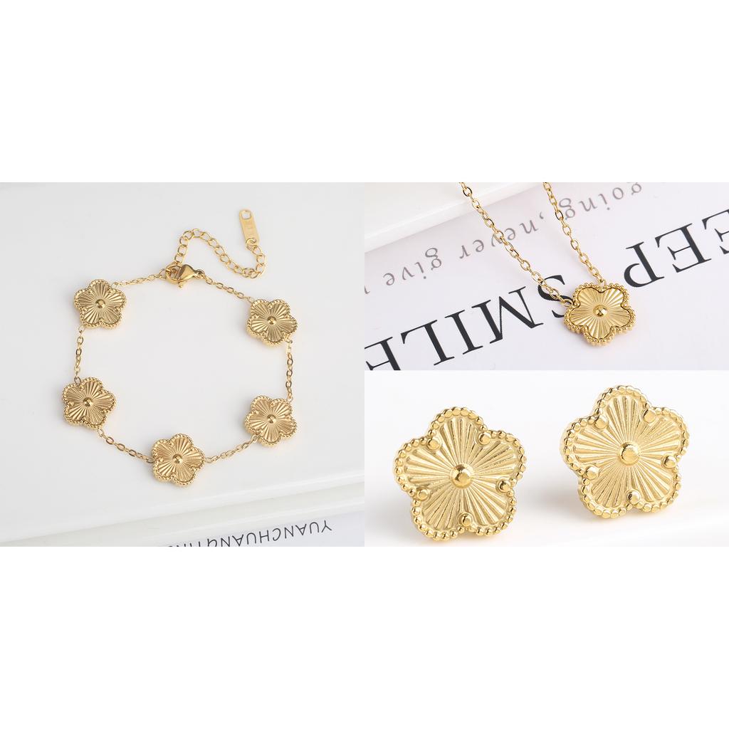 Metal Laser Five Leaf Flower Bracelet Necklace Earrings Zircon Set Classic For Woman Stainless Steel Zircon Daily Wear Clover