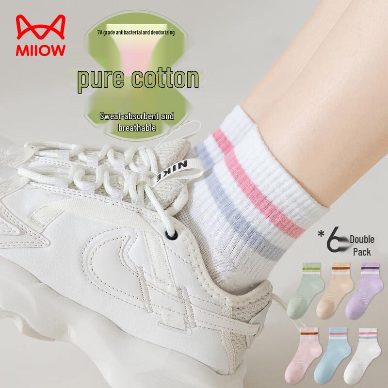 MiiOW Women s 100% Cotton Striped Ankle Socks (6-Pack) One Size