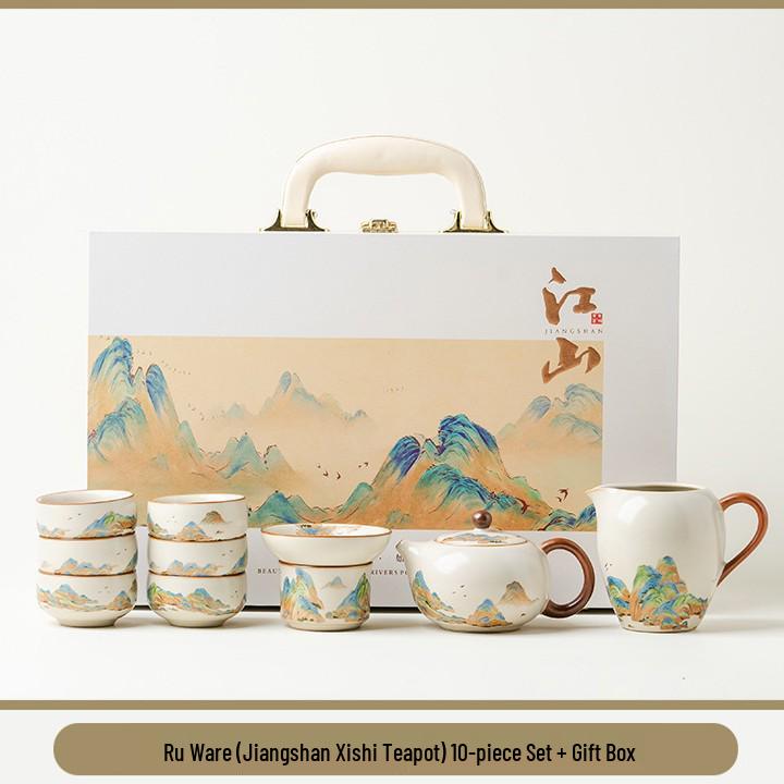 Ru Kiln Light Luxury Tea Set: 'A Thousand Li of Rivers and Mountains' - Complete Teapot and Teacups Gift Box for Elders