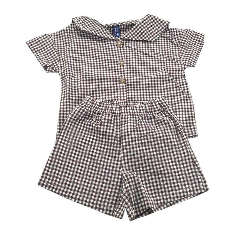 Conjunto de moda para niños con estampado de cuadros y cuello marinero: Conjunto de Falda con Tirantes para Niñas y Pantalones Cortos para Niños