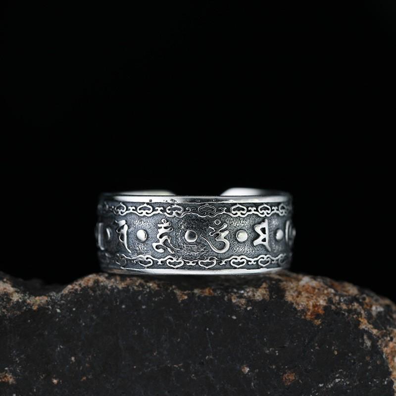 Adjustable Sterling Vintage Tibetan Mantra Ring Men Women Geometric Ethnic Style Lucky Charm Band