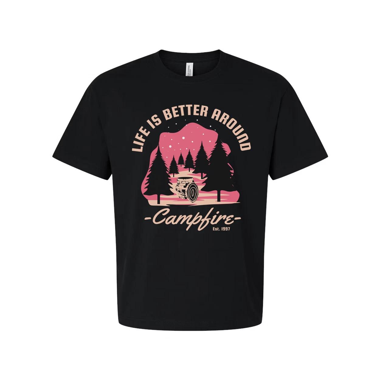 

Unisex Outdoors Campfire Graphic T Shirt With Pine Forest Sunset Design For Adve L