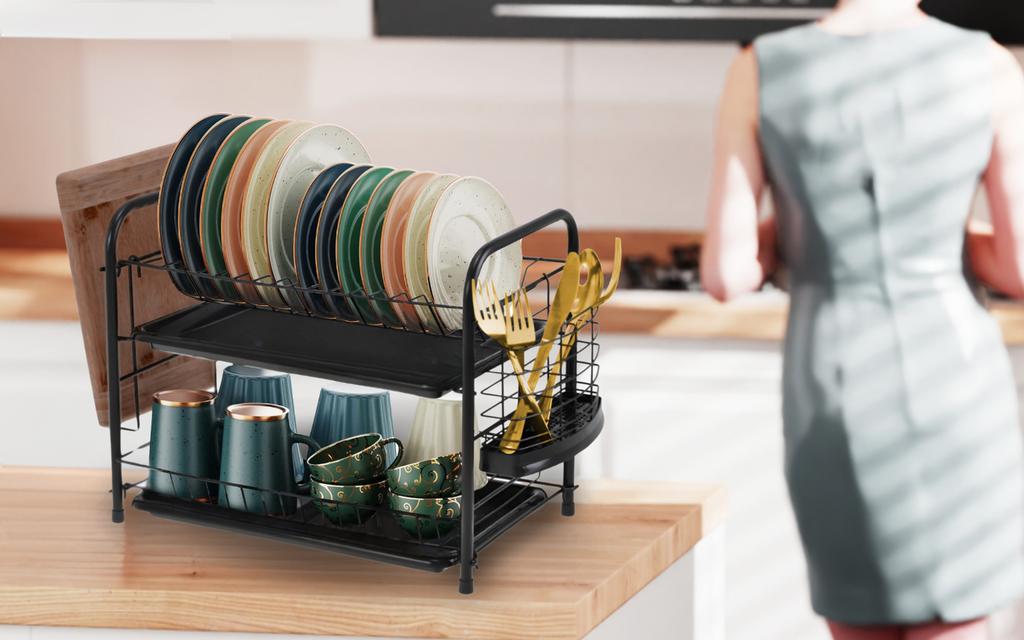 Large, two-tier standing dish drainer for dishes, black