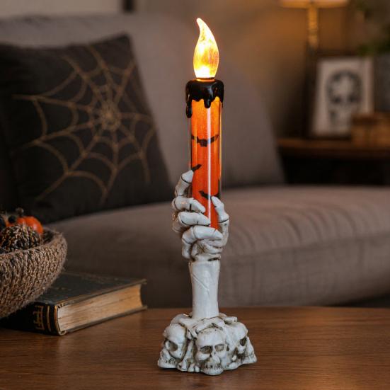 Vintage Style Halloween Ornaments LED Ghost Candle Light, Spooky Hand Lamp Flameless Flickering Lamps Tabletop Decor, Horror Light for Party