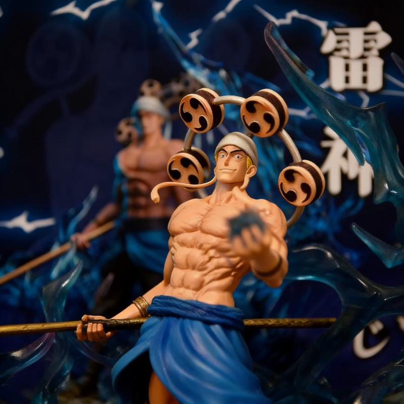 One Piece 38cm Thunder God Enel Anime Figure Double Head Statue Light Up Figure PVC Collectible Model Toy Desktop Ornament Gift