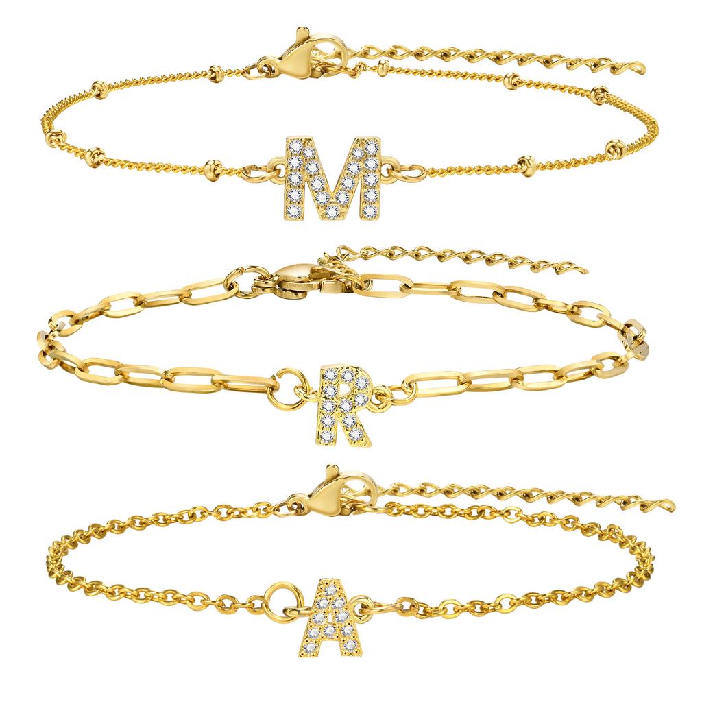 Charms Pave Initial Letter Bracelet, Paperclip Satellite Chain Stainless Steel Gold Plated, Handmade Jewelry for Women