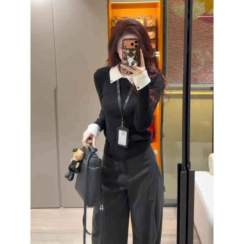 High-end Contrasting Color Collar Lapel Knitted Sweater Autumn and Winter Top Slim Shoulder Inner Long-sleeved Women's Soft Waxy Sweater