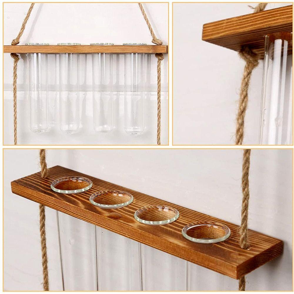 Retro Wood Frame Vase Wall Hanging Transparent Glass Vase Glass Planter Plant Vase  Office