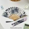 Traditional Chinese Ink Painting Folding Fan Portable Bamboo Cloth Hand Fan with Floral Pattern and Tassel for Qipao Accessory