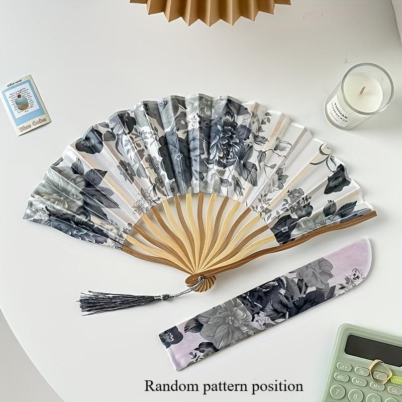 

Traditional Chinese Ink Painting Folding Fan Portable Bamboo Cloth Hand Fan with Floral Pattern and Tassel for Qipao Accessory