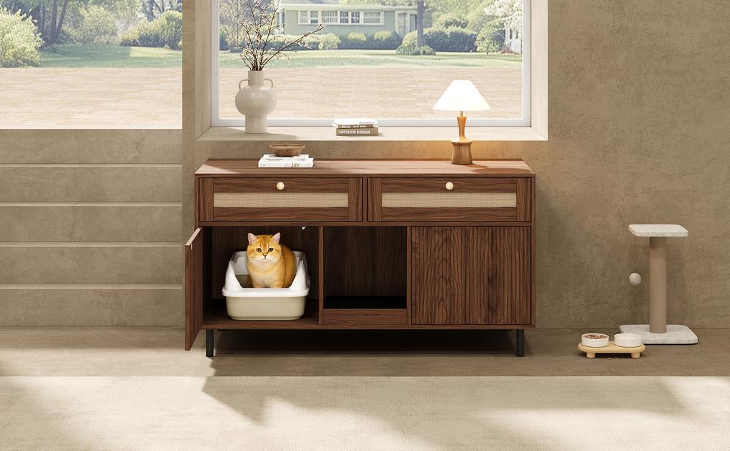 Cat Litter Box Cabinet with Litter Mat, Pet Cabinet with Rattan Drawers, Sideboard/TV Cabinet, Without Litter Box, Walnut, 120x50x65 Cm