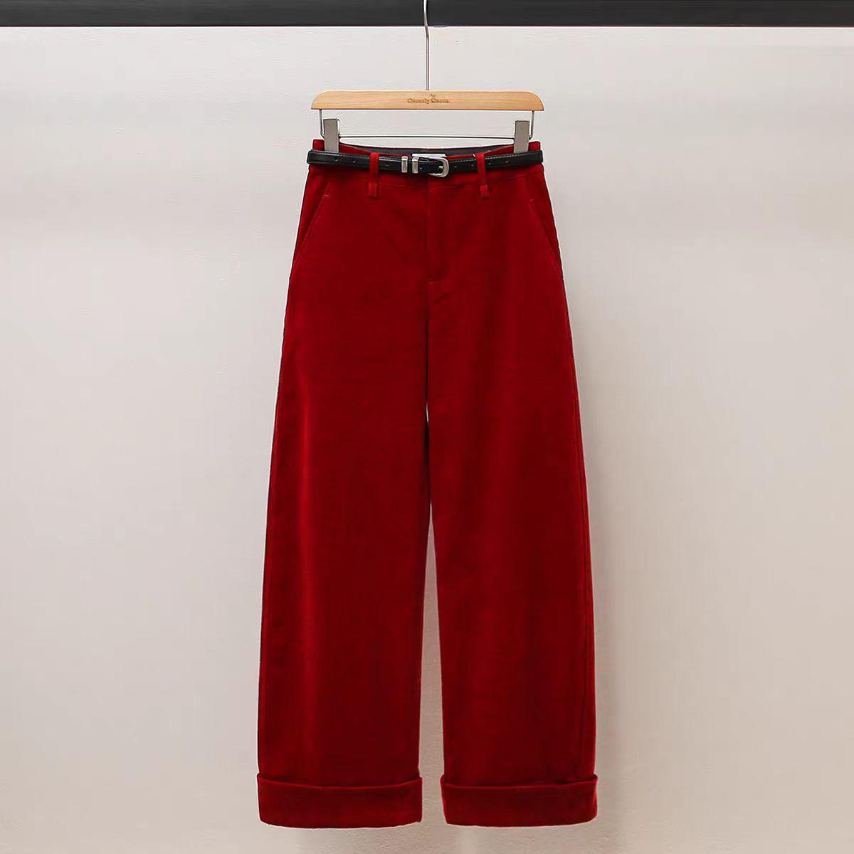In Stock: Winter 2025 Red Wide-Leg Corduroy Casual Pants Small