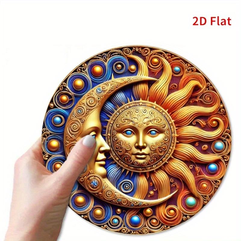 Ornate Golden Sun And Crescent Moon Face Mandala Tin Sign Vintage Durable Metal Plaque Wall Decor Celestial Boho Home Office