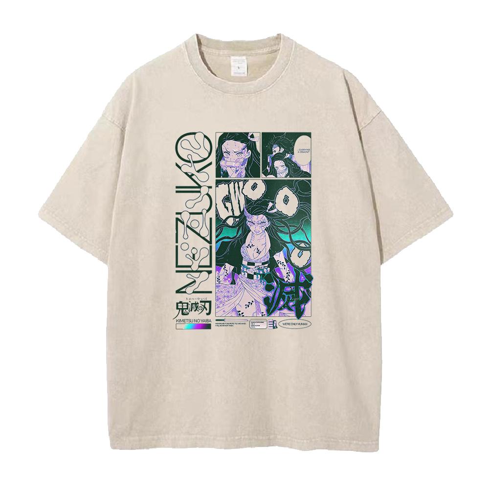 

Hot Anime Demon Slayer Kamado Nezuko Printed T Shirt Men Women Cotton Tshirts Vintage Washed Tee Harajuku Male Manga T-shirt S хакі