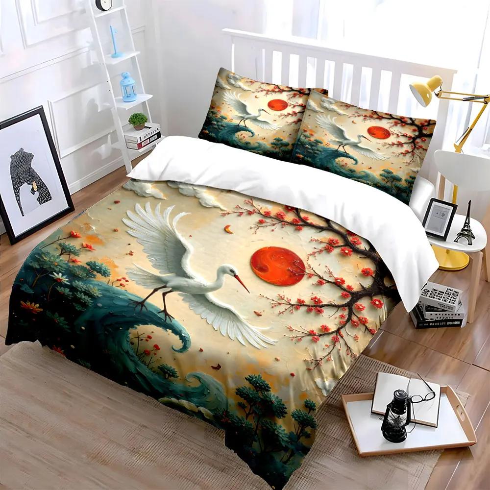 Kran Sonnenuntergang Dekoratives Kunst-Set Weiche Bequeme Bettbezug Bettwäsche-Set Enthalten 1*Bettbezug & 2*Kissenbezüge Geschenk
