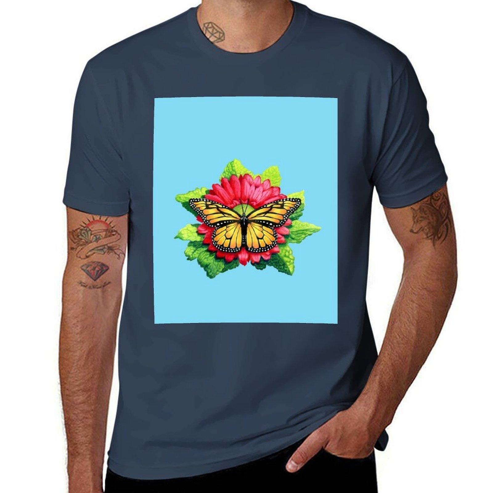 Monarch Butterfly on Magenta flower TShirt Soft Casual Short Sleeve Cotton Tee S