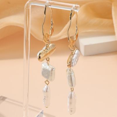 1 Pair Long Golden Irregular Geometric Faux Pearls Drop Earrings Women Large Statement Dangle Earrings Birthday Gift