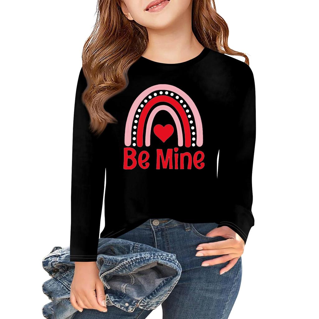 Dziewczęce koszulki z długim rękawem Love na Walentynki, dziecięce jesienne topy, basicowe koszulki z okrągłym dekoltem 5-14L