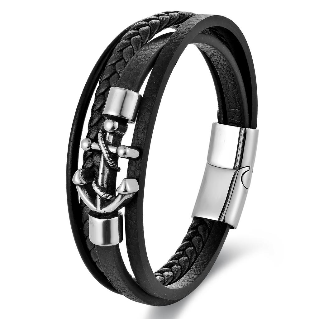 Schwarzes Lederseil Rindsleder Herren Doppellagiges Leder Geflochtenes Armband Handgefertigt Mehrschichtiges Leder Ankerarmband