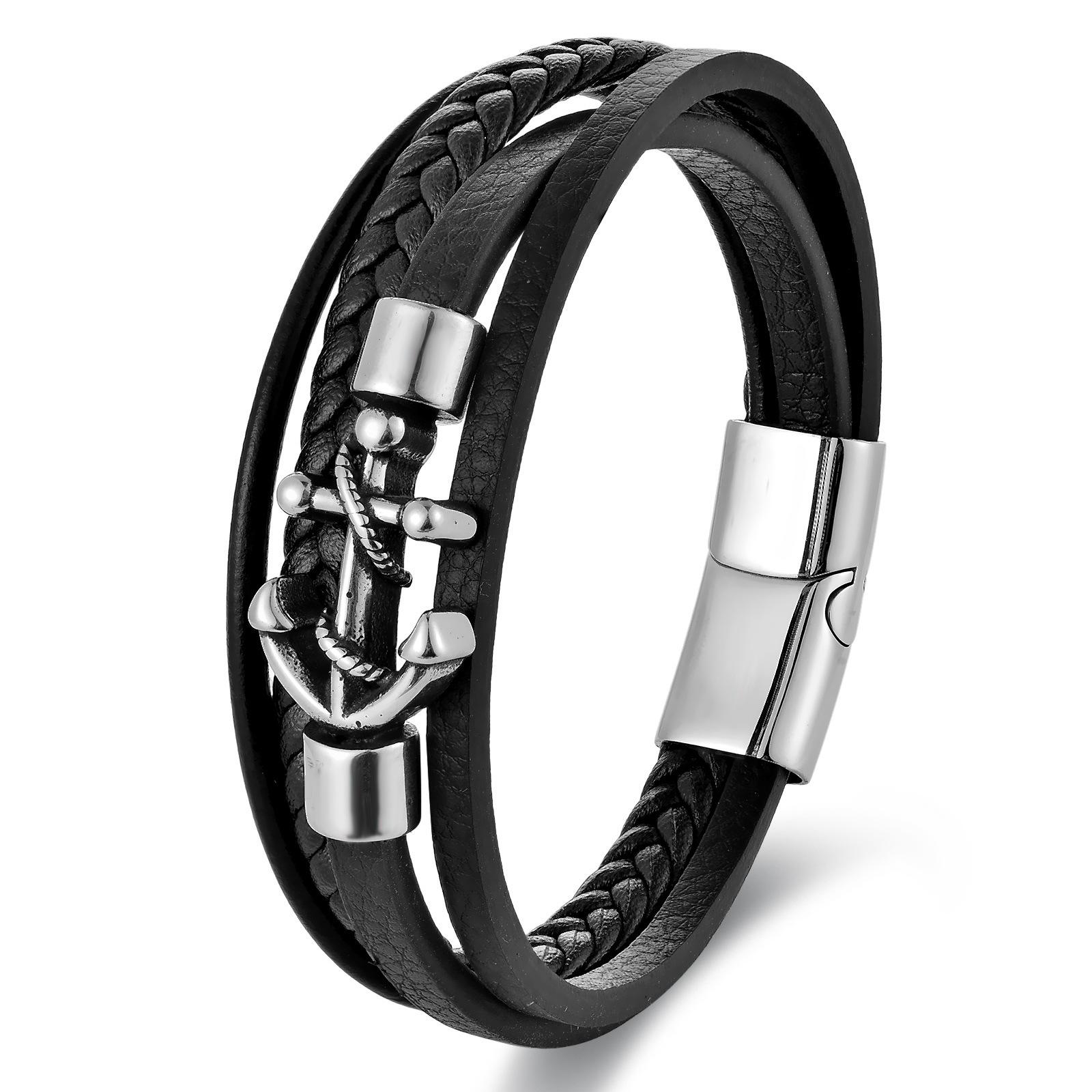 Black Leather Rope Cowhide Men s Double Layer Leather Woven Bracelet Handmade Multilayer Leather Anchor Bracelet 2026 21CM