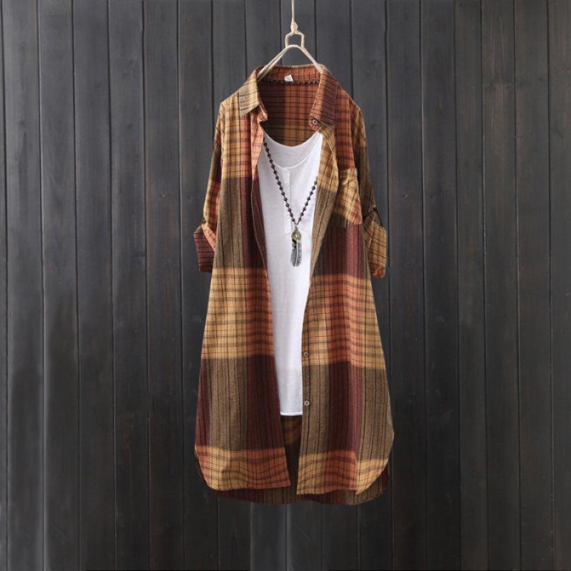 Frühling/Herbst karierte Baumwoll-Leinen Damen Übergröße Locker Mittellange Hemdjacke