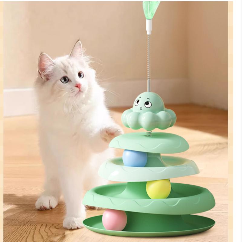 3-stöckiger Katzenspielturm Drehteller Rollkugelspielzeug Interaktives Intelligenz-Trainingsbahn Puzzle Lustige Spiele Zubehör