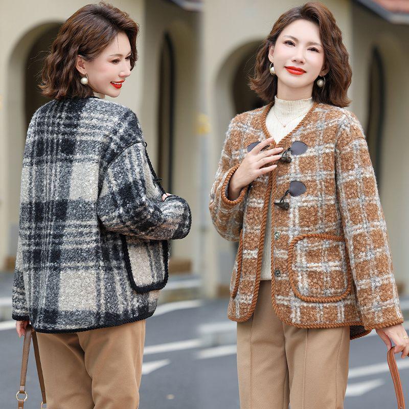 Plaid Woolen Coat for Middle-Aged & Elderly Women - Spring & Autumn Casual Cardigan