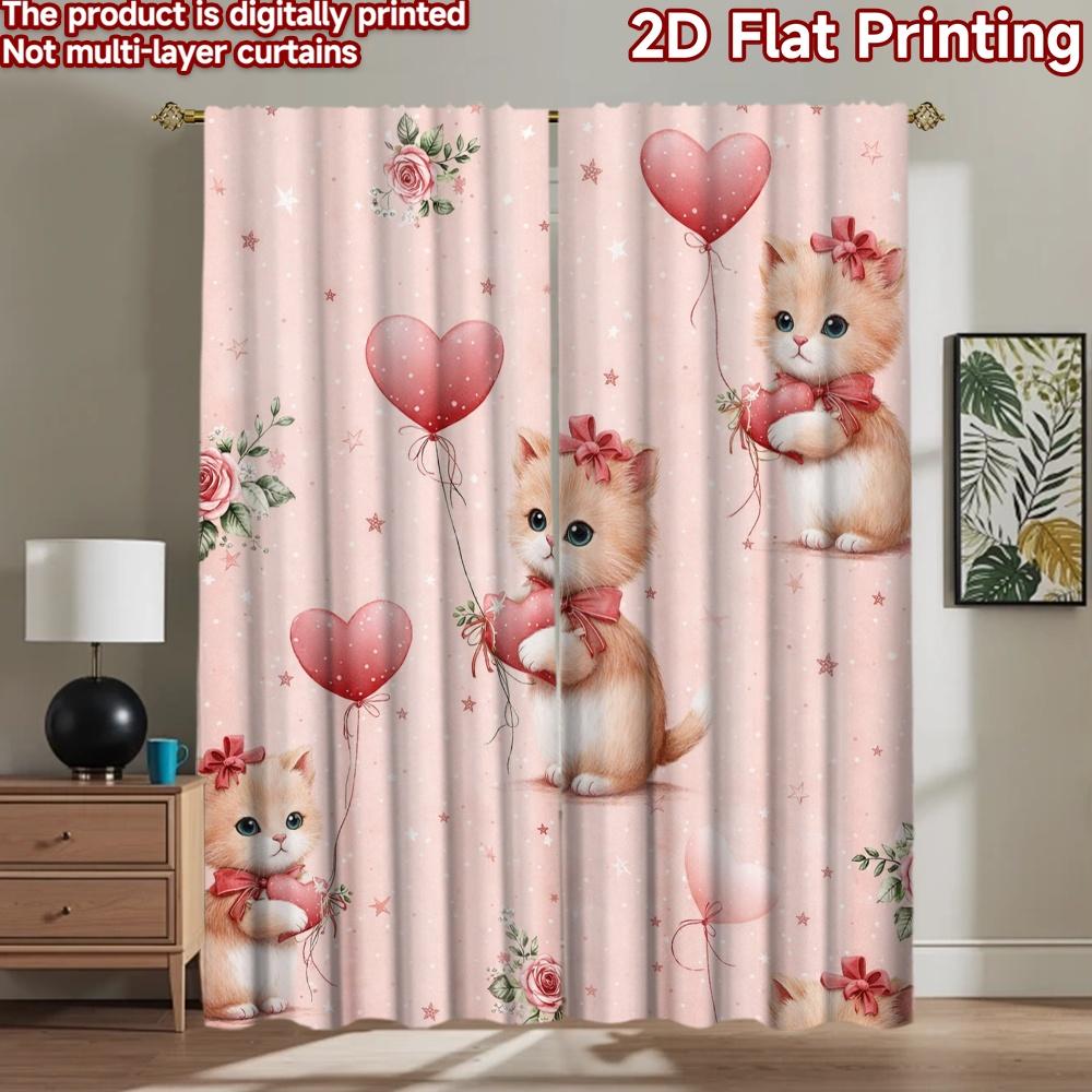 2D flat printing 2pcs Curtain Scene Curtain Valentine's Day Cute Kittens Digital Printed Polyester Drapes Festive Wall Decor for